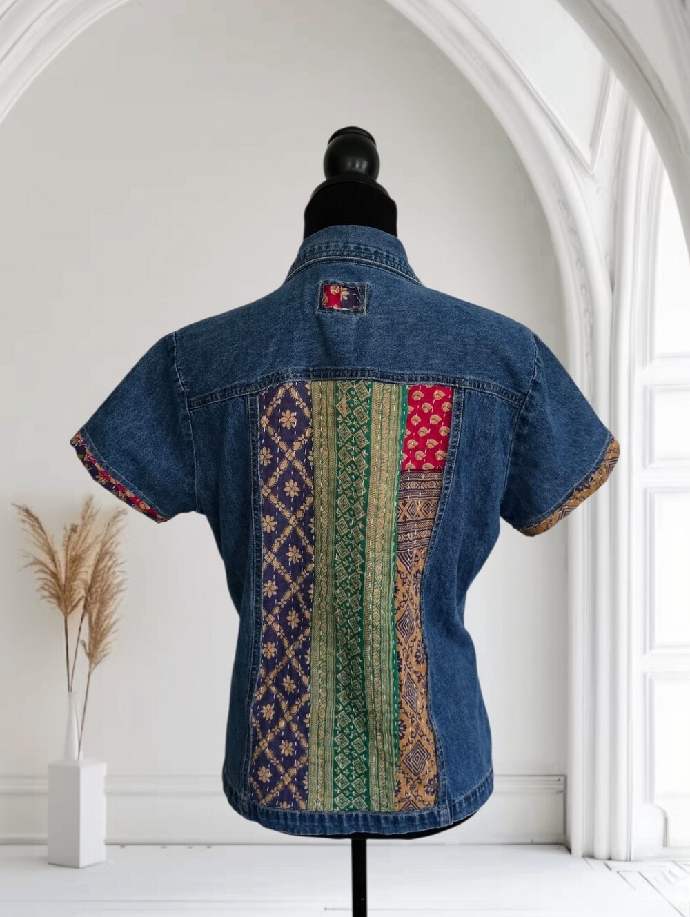 Upcycled Kantha Patchwork Vintage Denim Buttondown Shirt, Size L - Picture 6 of 7